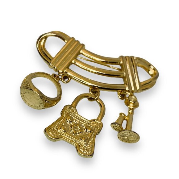 Gold Tone Charm Dangle Brooch w. Ring, Bag, & Telephone Charms - Picture 4 of 4